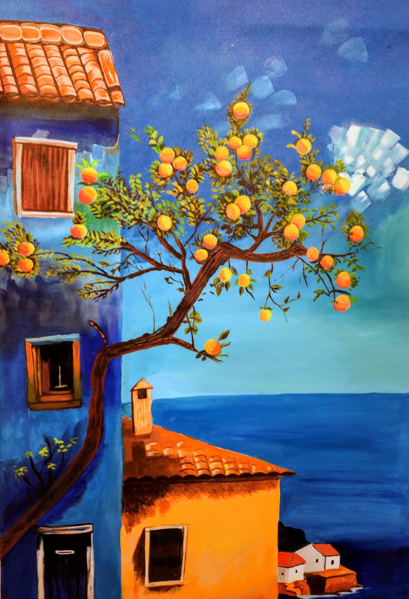 An acrylic painting of an orange tree above a blue coastline