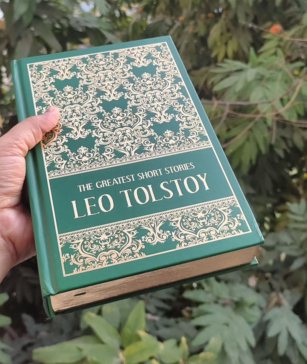 A Leo Tolstoy short story collection held up outdoors